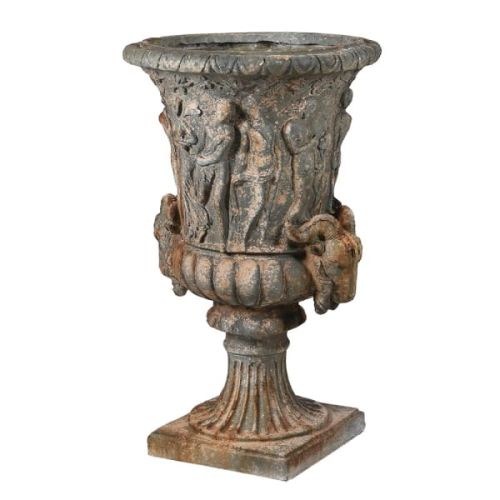 Distressed Urn On Foot with Decorative Figures