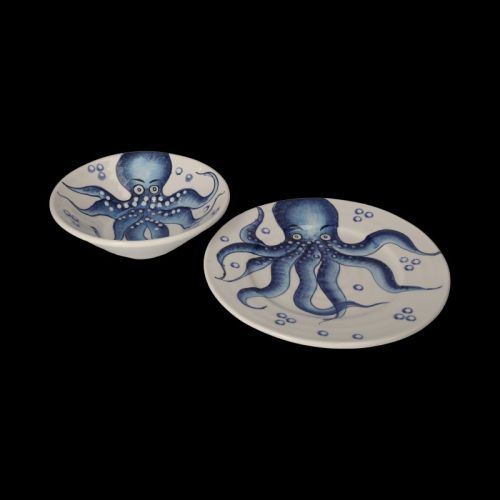 PAIR OF CERAMIC DISHES WITH HAND PAINTED OCTOPUS DECORATION