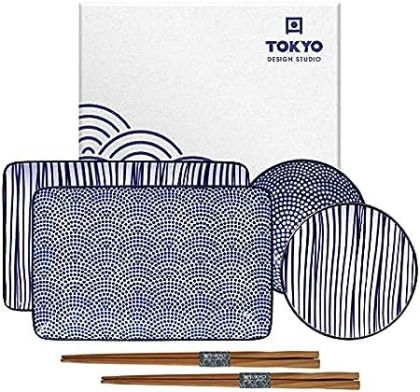 Nippon Blue Sushi Plate Giftset 4pcs w/Chop Lines/Dots 