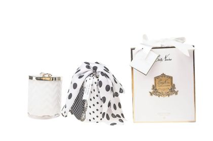 COTE NOIRE - HERRINGBONE CANDLE WITH SCARF - WHITE - LILLY FLOWER LID 