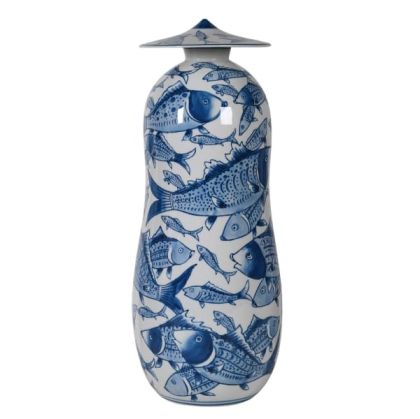 Blue and White Hand Painted Koi Fish Lidded Jar           