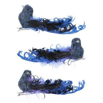 Blue Glitter/Curled Feather Bird Clip, 3as 