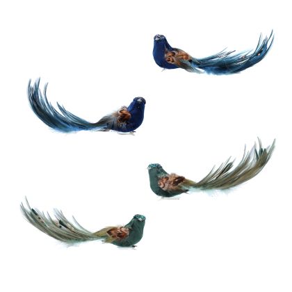 Blue Glitter/Curled Feather Bird Clip, 3as 