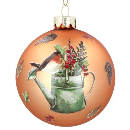 Robin on Watering Can Copper Glass Ball 