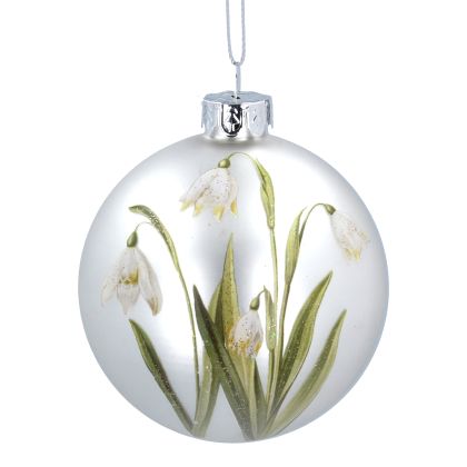 Matt White Glass Ball w Painted Snowdrops .