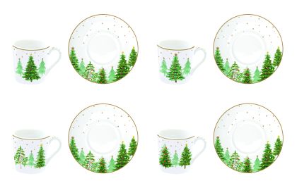 Set 4 porc.coffee cups & saucers 100 ml in gift box FESTIVE TREES