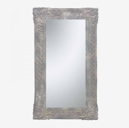 TALL PICKLED GRAY MIRROR WITH DRAWING AND WIDE EDGES