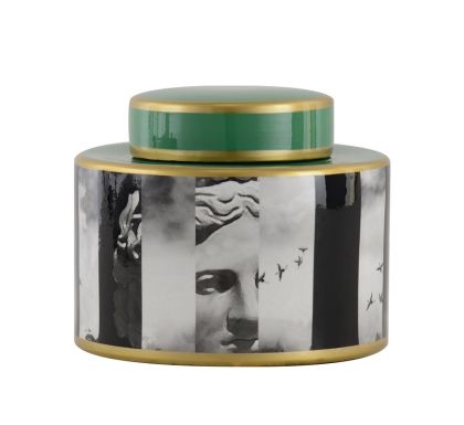 CANISTER 'DAVID' GREEN/WHITE/BLACK CERAMIC D20x16h