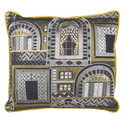 Ochre Embroidered Windows Cushion Cover 