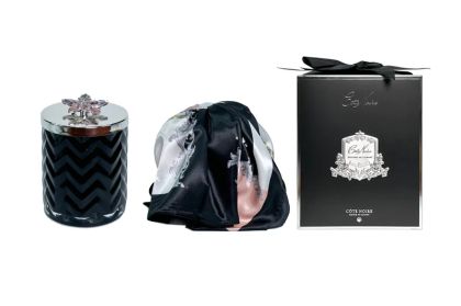 Herringbone Candle with Scarf - Black & Silver - Flower Brooch - Pink Champagne