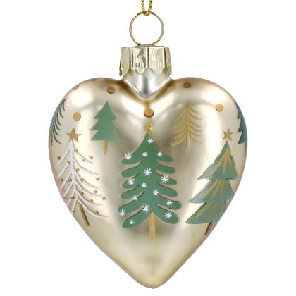 Glass Dec 7cm - Gold Heart w Trees