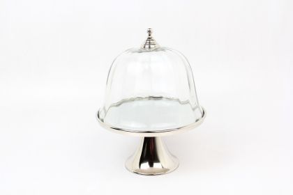 ROUND DISH ON STAND IN NICKLE + GLASS DOME