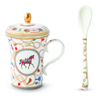 ПОРЦЕЛАНОВА ЧАША  С КАПАЧЕ , ЛЪЖИЧКА И ЗАПАРКА В ПОДАРЪНА КУТИЯ -  CHEVAL