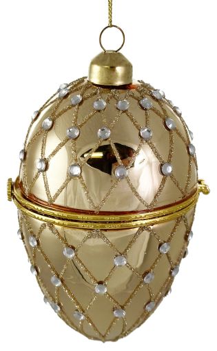 Glass opening egg shiny gold w/gold beads & diamonds 12cm