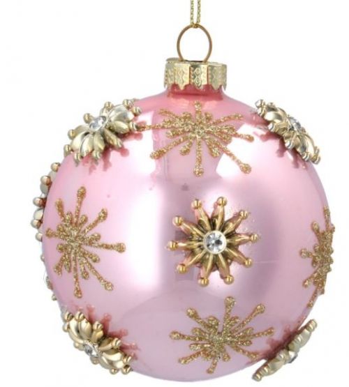 Glass Bauble (8cm) - Pink/Gold w Jewelled Stars 