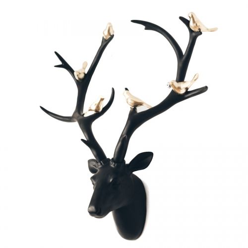 BLACK DEER HEAD WITH GOLD BIRDS