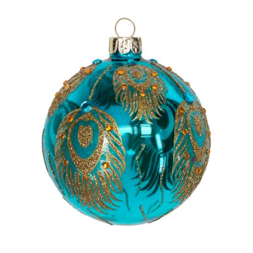 Glass Bauble - Clear Turquoise/Gold Peacock