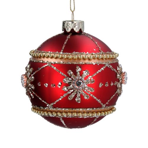 Glass Dec - Red Bauble w  Diamante/Bead Band