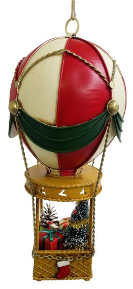 Metal hot balloon ornament cream-red with Xmas tree, 26cm