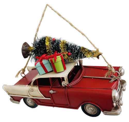 Metal American car ornament red with Xmas tree