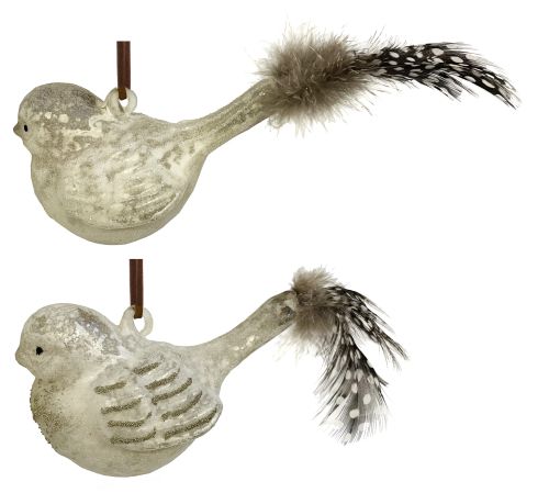 Glass bird with iced white with feather tail 