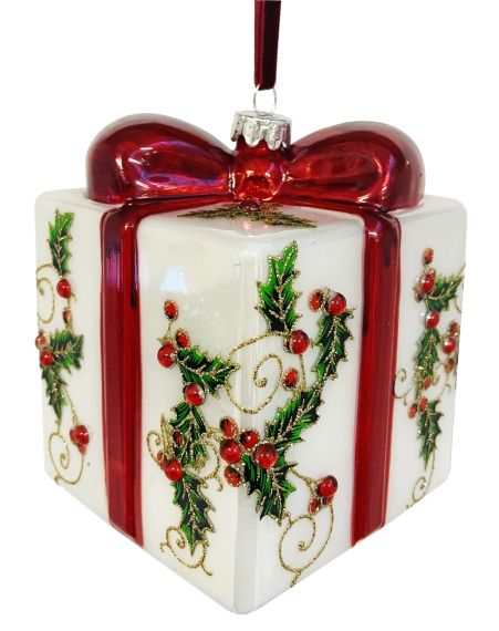 Glass gift white with holly dec