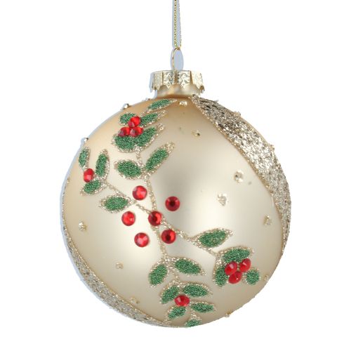 Glass Bauble - Matte Gold w Diamante Holly