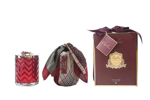 HERRINGBONE CANDLE WITH SCARF ROSE OUD - RED & RED ROSE LID  