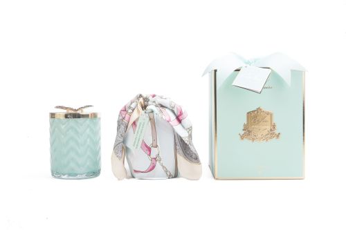 COTE NOIRE - HERRINGBONE CANDLE WITH SCARF - TIFFANY BLUE & GOLD - BUTTERFLY LID