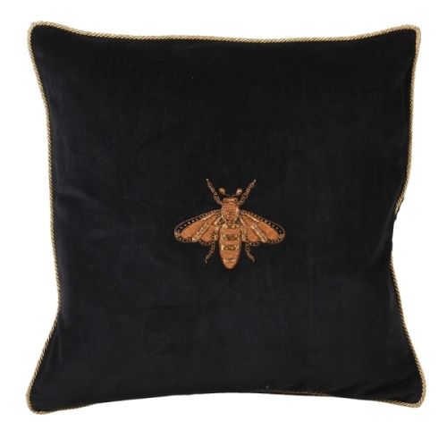 Black Velvet Hand Embroidered Bee Cushion Cover