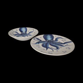 PAIR OF CERAMIC DISHES WITH HAND PAINTED OCTOPUS DECORATION