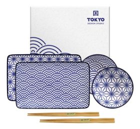 Nippon Blue Sushi Plate Giftset 4pcs w/Chop 21x13.5 & 9.5x3cm Wave/Star