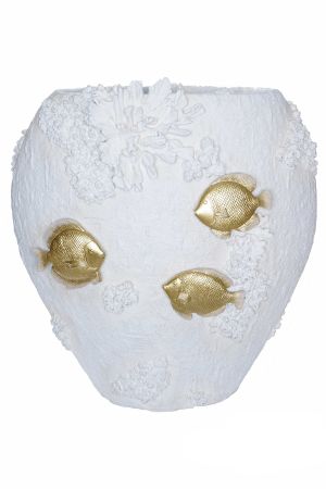 WHITE RESIN VASE WITH GOLD FISH 