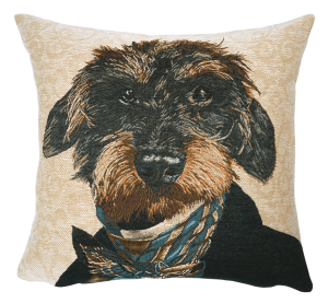 Dressed dog cushion cover in jacquard weave.