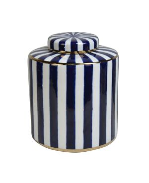 WHITE/BLUE CERAMIC LIDDED JAR 'STRIPE' 
