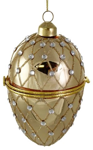 Glass opening egg shiny gold w/gold beads & diamonds 12cm