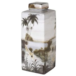 Голям керамичен буркан с капак с палма и чапла