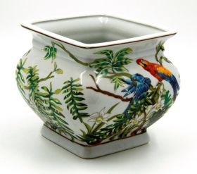 HANDMADE CERAMIC SQUARED CACHEPOT CM 18X18 PARROTS