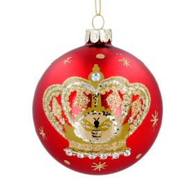 Glass Dec - Red Bauble w Gold Crown/Bee