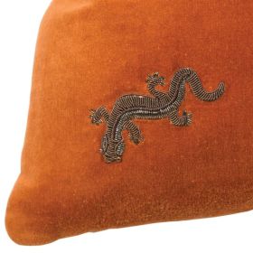 Orange Cushion Cover with Zardozi Embroidered Gecko